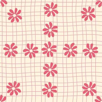 Seamless gingham pattern with cute daisy flowers, diagonals and checkered b.. イラスト素材