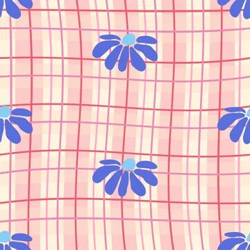 Seamless gingham pattern with cute daisy flowers, diagonals and checkered b.. イラスト素材