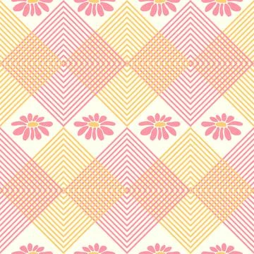 Seamless gingham pattern with cute daisy flowers, diagonals and checkered b.. Illustrazione stock
