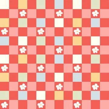 Seamless gingham pattern with cute daisy flowers, diagonals and checkered bac Stock Illustration