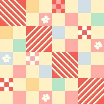 Seamless gingham pattern with cute daisy flowers, diagonals and checkered b.. Illustrazione stock