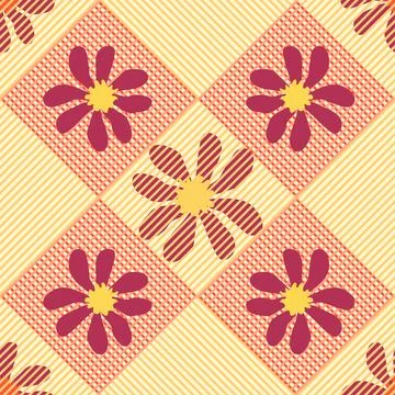 Seamless gingham pattern with cute daisy flowers, diagonals and checkered bac Stock Illustration