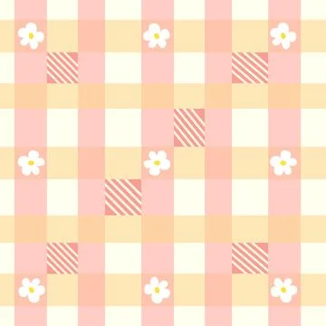 Seamless gingham pattern with cute daisy flowers, diagonals and checkered bac Stock Illustration