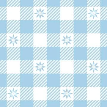 Seamless gingham pattern with pale blue star-shaped flowers 스톡 일러스트