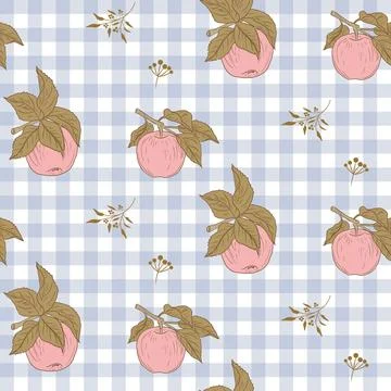 Seamless gingham plaid pattern with hand drawn apples with leaves Stockillustratie