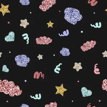 Seamless glitter pattern background with cute hand draw elelments Stock Illustration