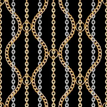 Seamless gold and silver chains on black background Stock Illustration