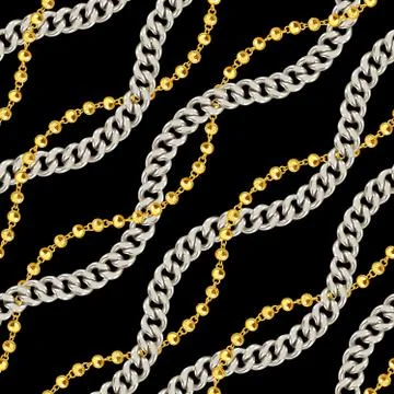 Seamless gold and silver chains pattern. Repeat design. Curved waves, chains, DN Stock Illustration