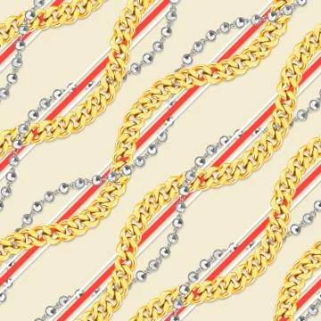 Seamless gold and silver chains pattern. Repeat design with lines. Curved waves, Stock Illustration