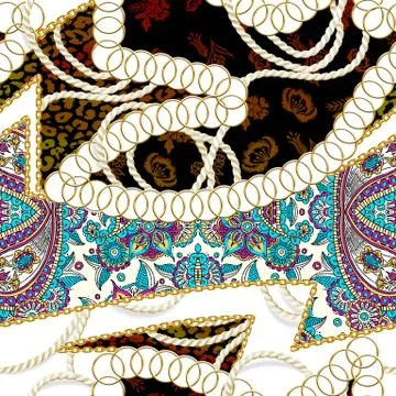Seamless gold chains, flowers, leopard skin texture, rope, ethnic pattern. Stock Illustration