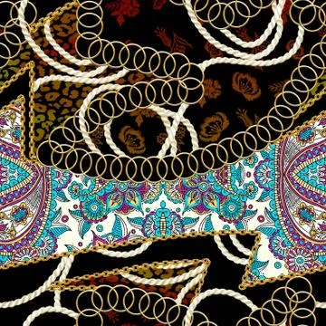 Seamless gold chains, flowers, leopard skin texture, rope, ethnic pattern. Stock Illustration
