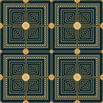 Seamless gold chains pattern on navy background. Geometric design, ready for tex Stock Illustration