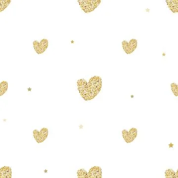 Seamless gold hearts glitter pattern on white. Romantic background for Valentine Stock Illustration
