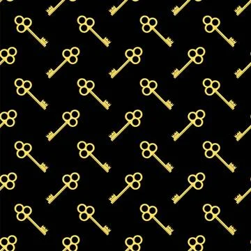 Seamless Gold Key Pattern Yellow Keys Isolated on Black Background. Seamle... Stock Photos
