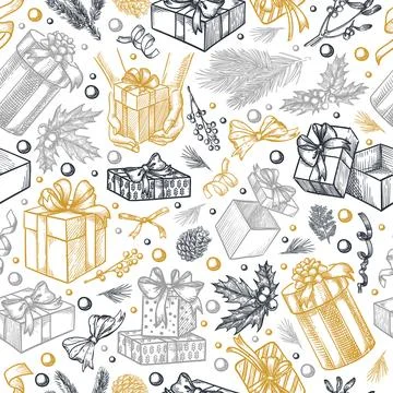 Seamless gold pattern with Christmas and New Year gifts and decorations. Vect Stock Illustration