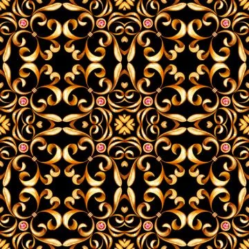 Seamless gold pattern with scrolls and gems 스톡 일러스트