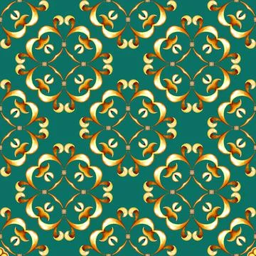 Seamless gold pattern with scrolls on green background Stock Illustration