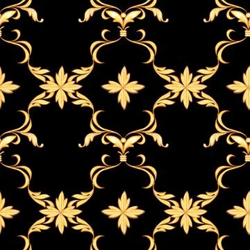 Seamless golden baroque pattern with gold scrolls on black 스톡 일러스트