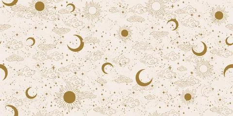 Seamless golden celestial pattern with sun, moon and stars, mystical astrolog Stock Illustration