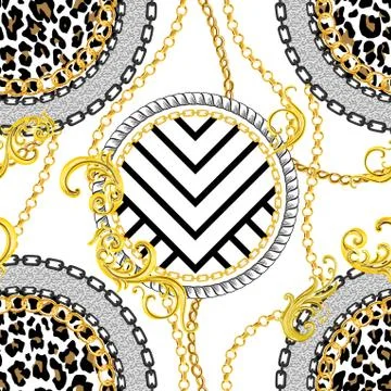 Seamless Golden Chains Pattern with Antique Decorative Baroque Motif on White Ba Stock Illustration
