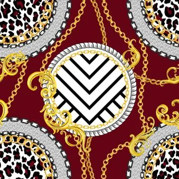 Seamless Golden Chains Pattern with Antique Decorative Baroque Motif on Dark Red Stock Illustration