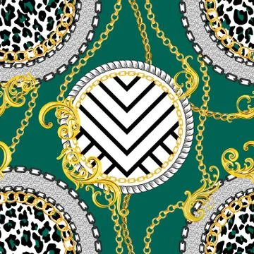 Seamless Golden Chains Pattern with Antique Decorative Baroque Motif on Green Ba Stock Illustration