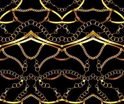 Seamless golden chains pattern on black background for fabric. Trendy repeating Stock Illustration