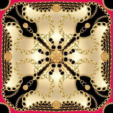 Seamless golden chains pattern on black background. Trendy repeating scarf texti Illustrazione stock