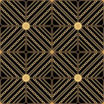 Seamless golden chains pattern on black background. Patch for print, textile, Ge Stock Illustration