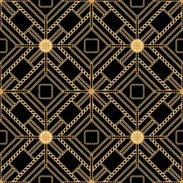 Seamless golden chains pattern on black background. Geometric design, ready for Stock Illustration