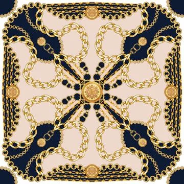 Seamless golden chains pattern on dark blue background. Ready for fabric prints. Stock Illustration