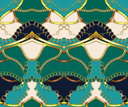 Seamless golden chains pattern for fabric. Trendy repeating fashion print. Luxur Stock Illustration