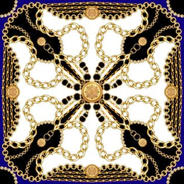 Seamless golden chains pattern on white and black background. Ready for fabric p Stock Illustration