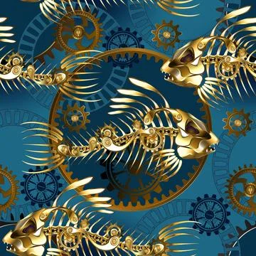 Seamless golden fish skeleton Stock Illustration