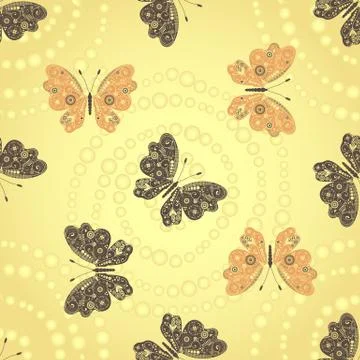 Seamless golden pattern with brown and beige butterflies Stock Illustration