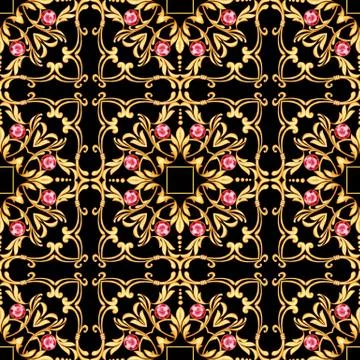 Seamless golden pattern with gems Stock Illustration
