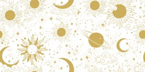 Seamless golden space pattern with sun, crescent, planets and stars on a whit Stock Illustration