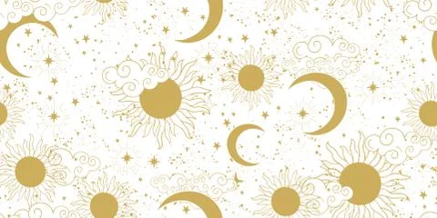 Seamless golden space pattern with sun, crescent, planets and stars on a white Stock Illustration