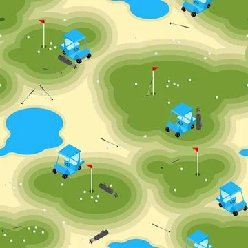 Seamless golf pattern with clubs, carts, and ponds. Vector background for g.. Stock Illustration