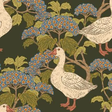 Seamless goose and hydrangea botanical pattern with vintage hand drawn bird a Stock Illustration