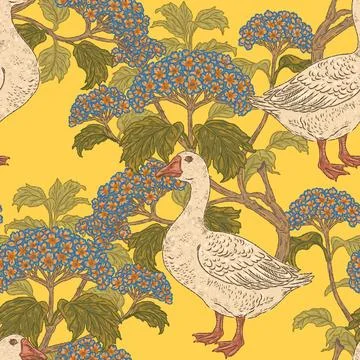 Seamless goose and hydrangea botanical pattern with vintage hand drawn bird a Stock Illustration
