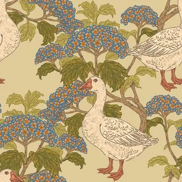 Seamless goose and hydrangea botanical pattern with vintage hand drawn bird a Stock Illustration