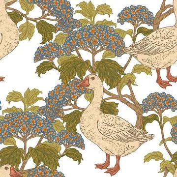 Seamless goose and hydrangea botanical pattern with vintage hand drawn bird a Stock Illustration