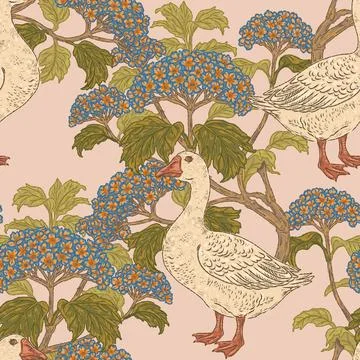 Seamless goose and hydrangea botanical pattern with vintage hand drawn bird a イラスト素材