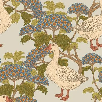 Seamless goose and hydrangea botanical pattern with vintage hand drawn bird a Stock Illustration