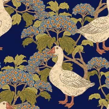 Seamless goose and hydrangea botanical pattern with vintage hand drawn bird a Stock Illustration