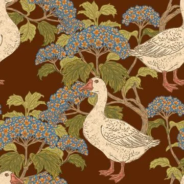 Seamless goose and hydrangea botanical pattern with vintage hand drawn bird a Stock Illustration