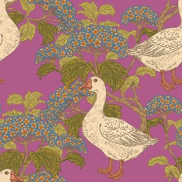 Seamless goose and hydrangea botanical pattern with vintage hand drawn bird a Stock Illustration