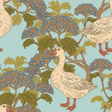 Seamless goose and hydrangea botanical pattern with vintage hand drawn bird a Stock Illustration
