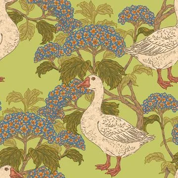 Seamless goose and hydrangea botanical pattern with vintage hand drawn bird a Stock-Illustration